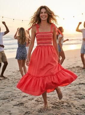 Cara Cara Smocked Sundress | Jenny | Coral |Layered Embroidered | Worn Once | M